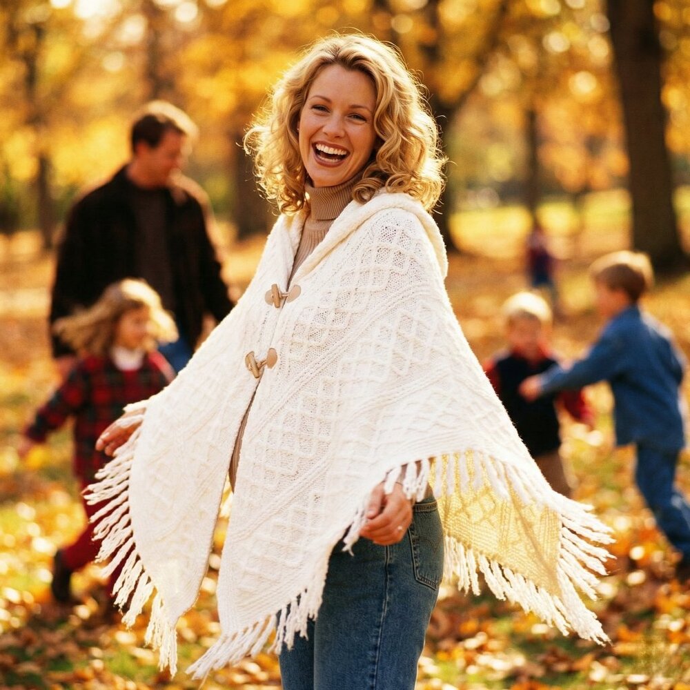 Mixit Womens One Size Cream Acrylic Knit Hooded Poncho Boho Cottagecore Layering